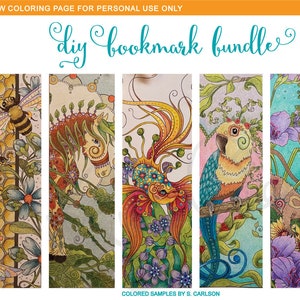 May include: A printable coloring page bundle of 24 different bookmark designs. The designs feature a variety of animals and floral patterns. The image shows four colored examples of the bookmarks, including a bee, a horse, a bird, and a mouse.
