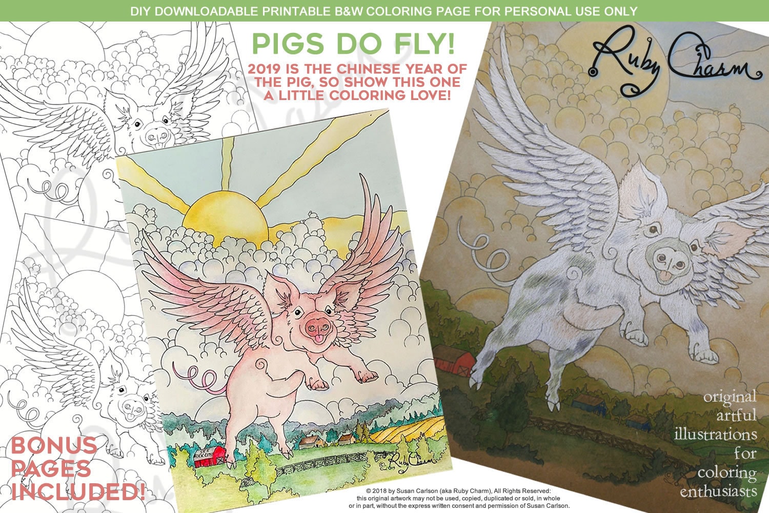 Flying pig downloadable PDF by Ruby Charm Colors: Print and | Etsy