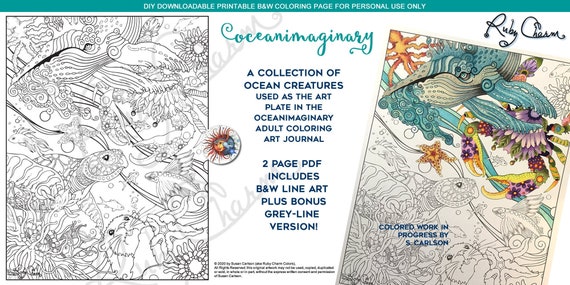 Oceanimaginary: downloadable PDF by Ruby Charm Colors, Print & color adult coloring page, ocean, crab, fish, sea turtle, whale, otter