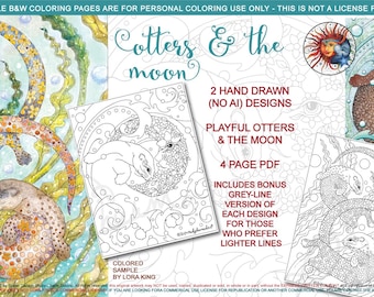 Otters and the Moon: downloadable 4-page PDF, printable, original art coloring page, adult colouring, animal, moon, water, hand drawn, no ai