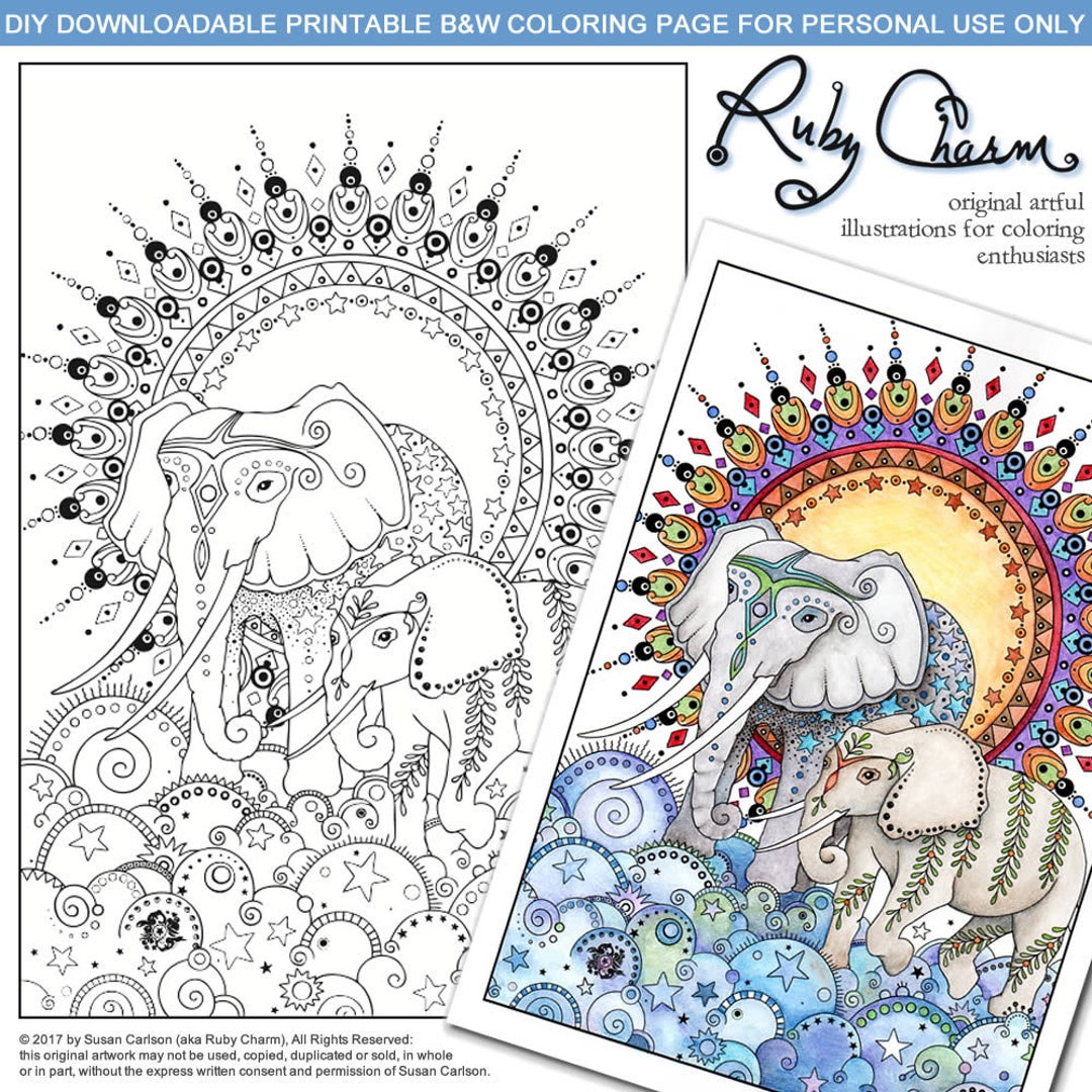 ELEPHANTS Downloadable Printable Adult Coloring Page, Ruby Charm Artful ...