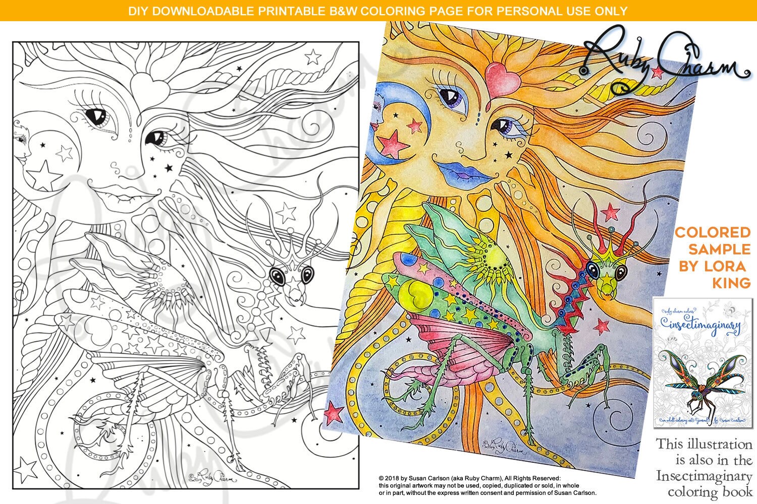 Insectimaginary, Cosmic Ziggy Mantis: downloadable PDF by Ruby Charm Colors  to print and color, adult coloring page, praying mantis, insect - Etsy  Österreich, image size:1500x1000