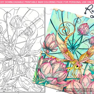 Insectimaginary Lotus Streamer Dragonfly: downloadable PDF by Ruby Charm Colors to print & color, adult coloring page, bug, lotus flowers