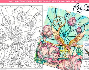 Insectimaginary Lotus Streamer Dragonfly: downloadable PDF by Ruby Charm Colors to print & color, adult coloring page, bug, lotus flowers