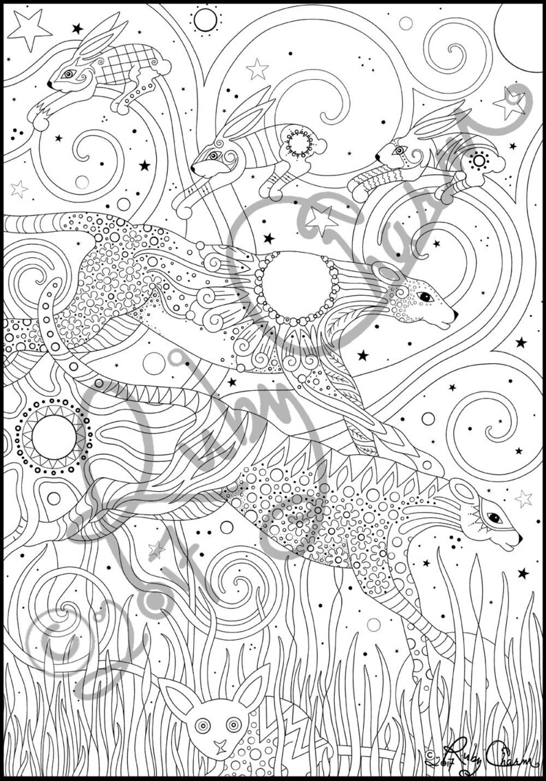 May include: A black and white line drawing of a whimsical scene with stylized animals and swirling patterns. The animals are rabbits and deer, and the background is filled with stars and swirls.