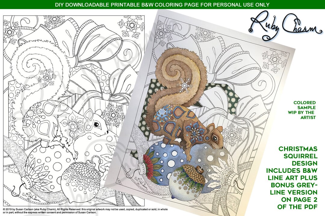 Christmas HOLIDAY Squirrel Downloadable PDF: Print and Color, Adult ...