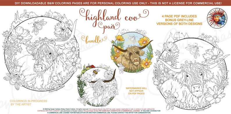 Highland Coo: downloadable PDF, 2 cow designs with bonus grey-line versions, 4 pages total, Scottish cows, farm, barns, flowers, birds image 1