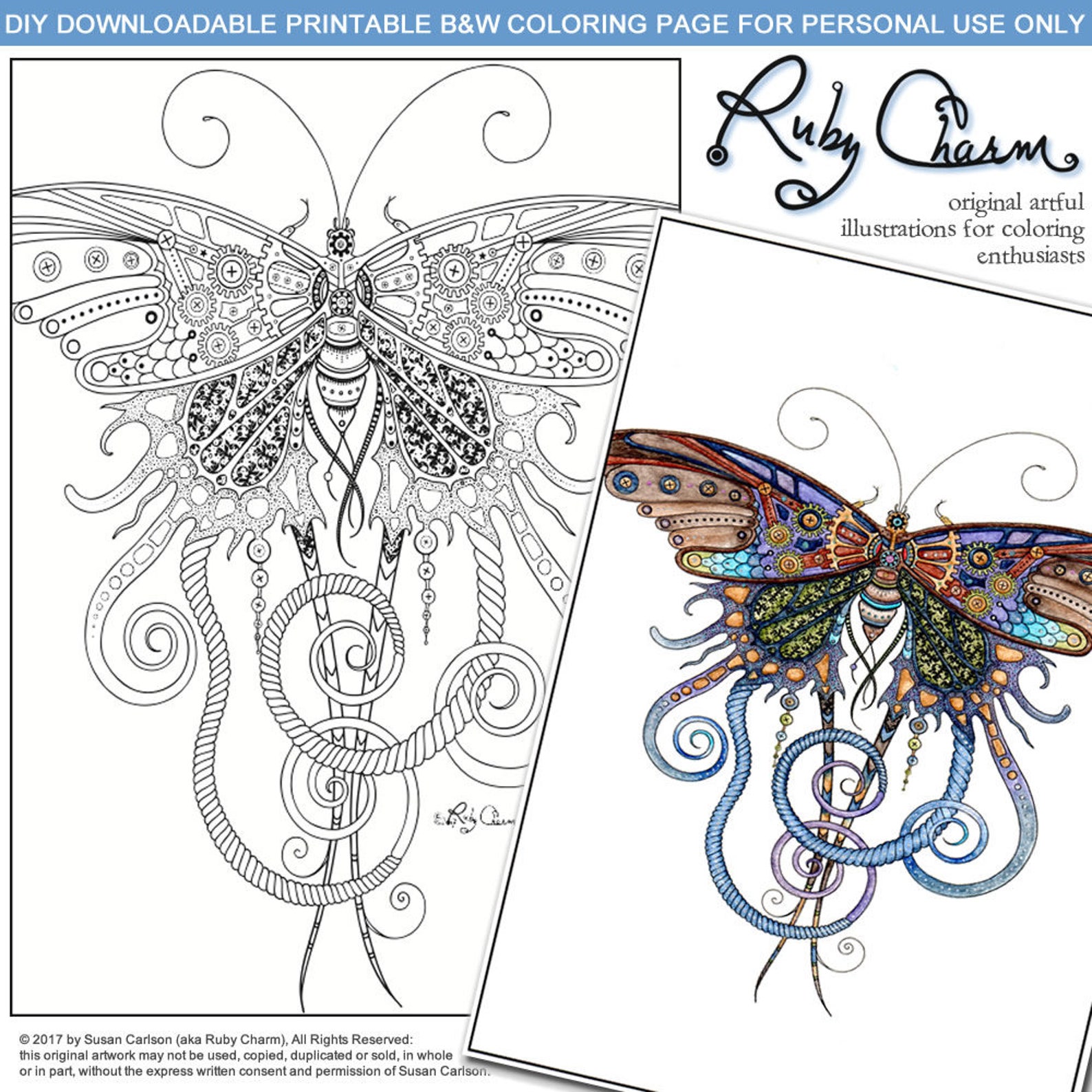BUTTERFLY Downloadable Printable Adult Coloring Page, Ruby Charm Artful ...