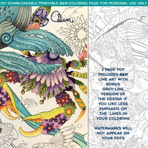 Oceanimaginary: downloadable PDF by Ruby Charm Colors, Print & color adult coloring page, ocean, crab, fish, sea turtle, whale, otter image 2