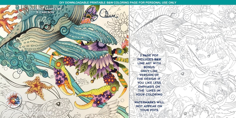 Oceanimaginary: downloadable PDF by Ruby Charm Colors, Print & color adult coloring page, ocean, crab, fish, sea turtle, whale, otter image 2