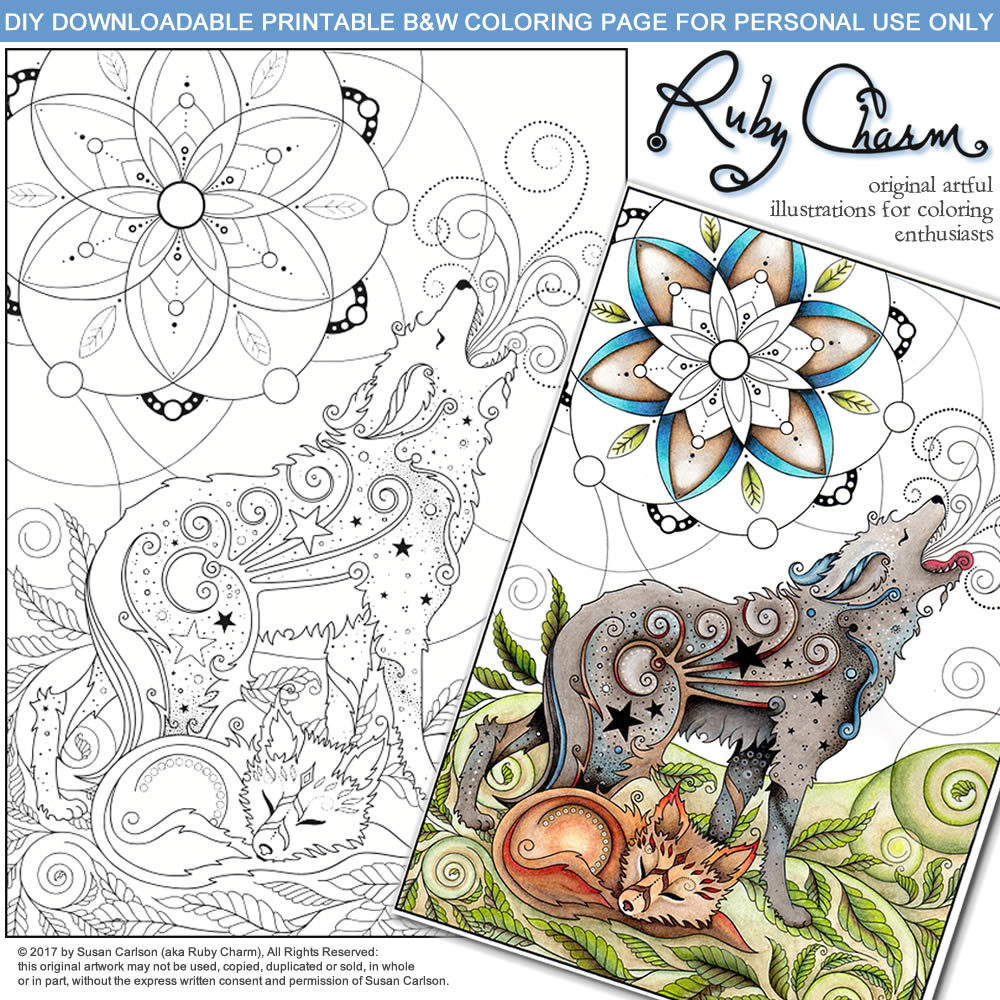 COYOTE FOX downloadable printable Adult Coloring page Ruby Charm Artful Illustrations for Coloring Enthusiasts coloring book animals nature