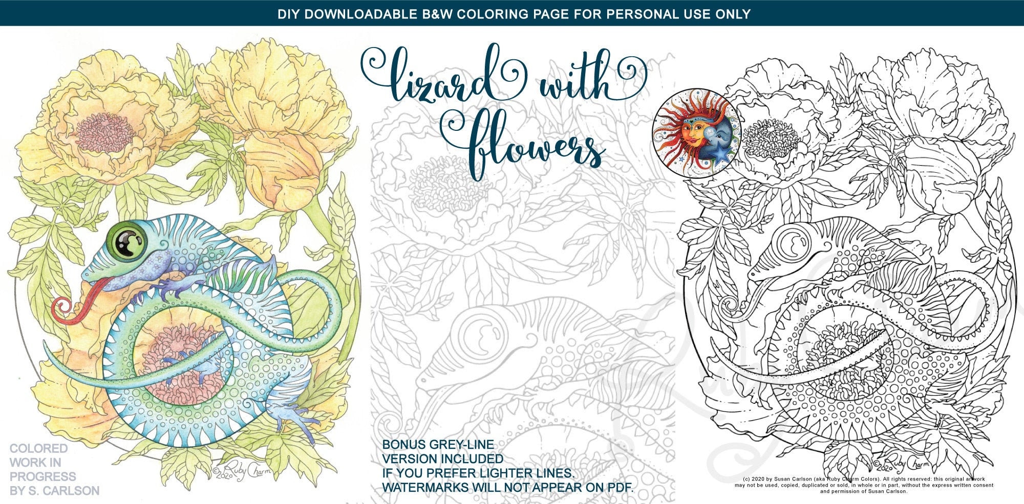 Lizard with Flowers: downloadable printable PDF coloring page, adult colouring, floral, ruby charm colors, reptile, nature, peony, peonies