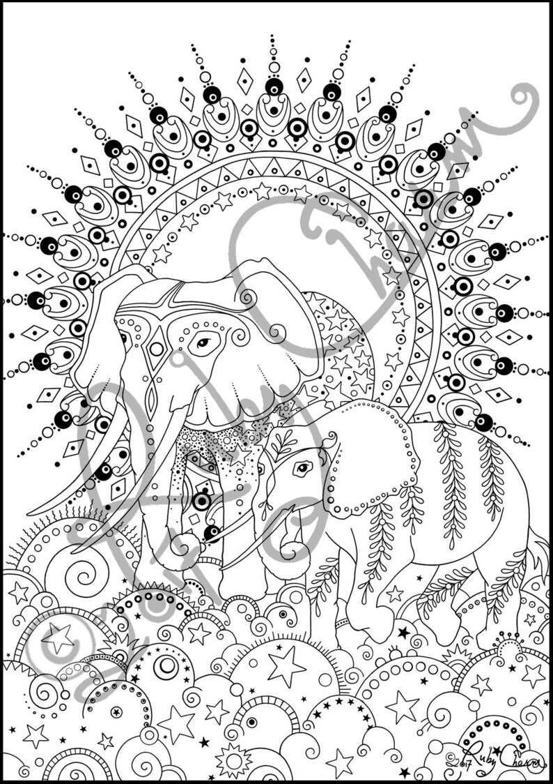 May include: A black and white line drawing of two elephants standing on a cloud-like background. The elephants are decorated with intricate patterns and stars. The background is filled with swirls and stars.