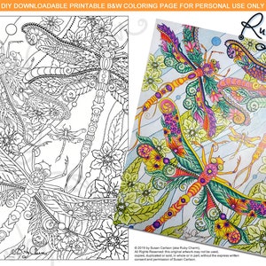 May include: Black and white coloring page featuring a detailed illustration of four dragonflies with intricate patterns and floral designs. The page is titled "DIY DOWNLOADABLE PRINTABLE B&W COLORING PAGE FOR PERSONAL USE ONLY" and includes the artist's signature "Ruby Charm".