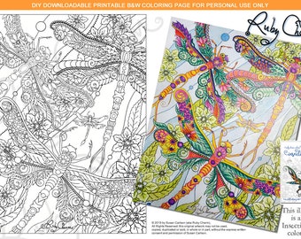 Insectimaginary Streamer Dragonflies: downloadable PDF by Ruby Charm Colors to print & color, adult coloring page, dragonfly, insect