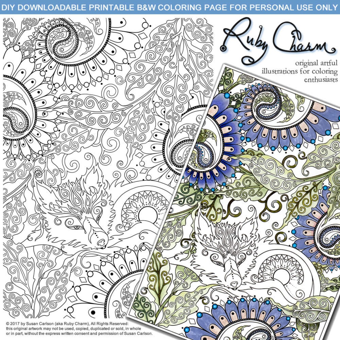 PAISLEY FOX Downloadable Printable Adult Coloring Page, Ruby Charm ...