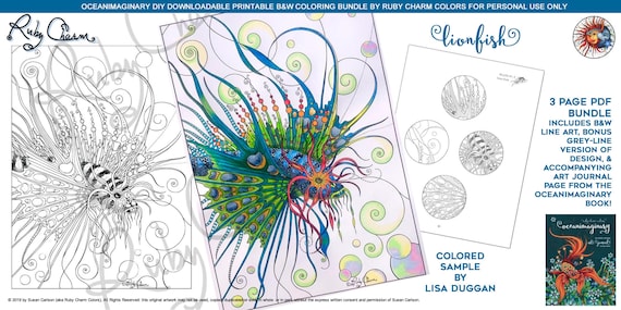Oceanimaginary Lionfish: downloadable PDF BUNDLE by Ruby Charm Colors, Print & color adult coloring page, ocean, sea life, nature, fish