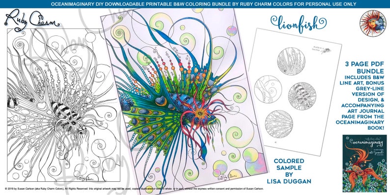 May include: A printable coloring page featuring a detailed illustration of a lionfish with intricate patterns and swirls. The page is part of a 3-page PDF bundle that includes a black and white line art version, a grey-line version, and an accompanying art journal page from the Oceanimaginary book.
