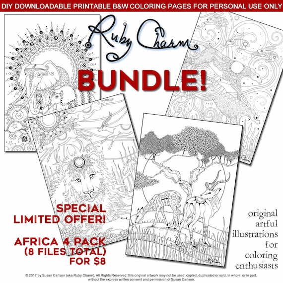 African Animals BUNDLE: downloadable printable PDF, print color elephants, leopards, lion, gazelles and flying rabbits, adult coloring