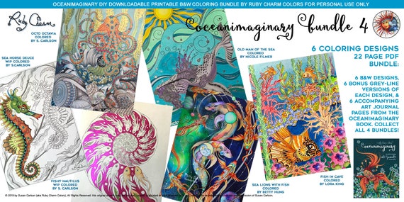 Oceanimaginary BUNDLE 4: 6 Ocean Theme Adult Coloring Pages, Fish, Sea  Horse, Whale, Octopus, Shells, Sea, Colouring, Downloadable PDF 