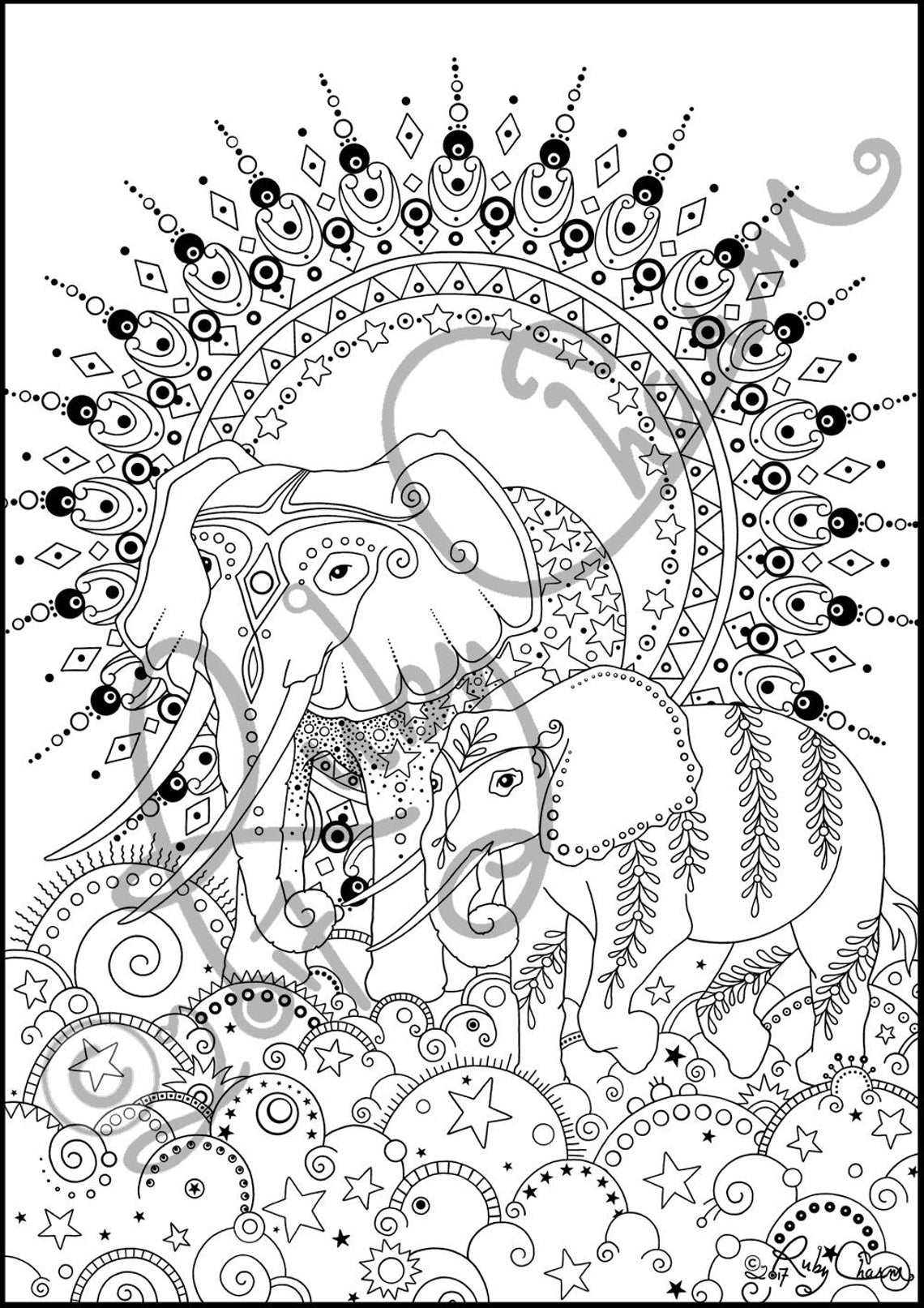 ELEPHANTS Downloadable Printable Adult Coloring Page Ruby - Etsy