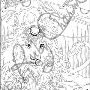 May include: A black and white line art illustration of a lion with intricate details. The lion has a crown of leaves and a crescent moon on its head. The lion is surrounded by leaves and other foliage.