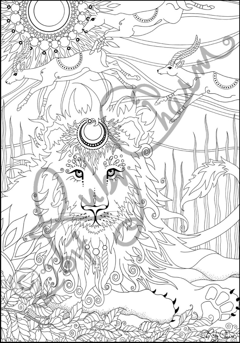 May include: A black and white line art illustration of a lion with intricate details. The lion has a crown of leaves and a crescent moon on its head. The lion is surrounded by leaves and other foliage.