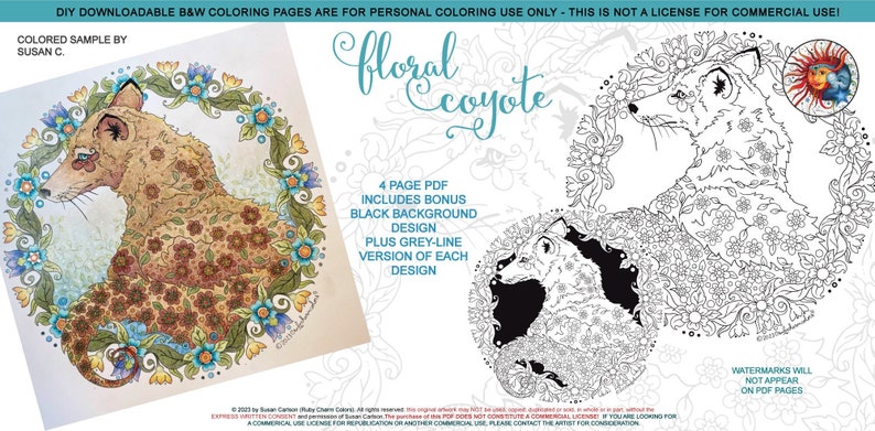 Floral Coyote: instantly downloadable 4-page PDF coloring image 1