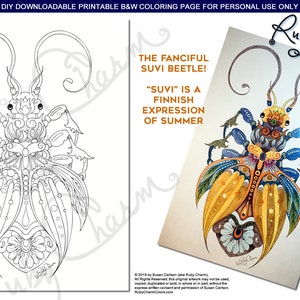 May include: A black and white coloring page of a detailed beetle with intricate patterns. The beetle is called the "Suvi Beetle" and the text says "Suvi" is a Finnish expression of summer. The coloring page is for personal use only.