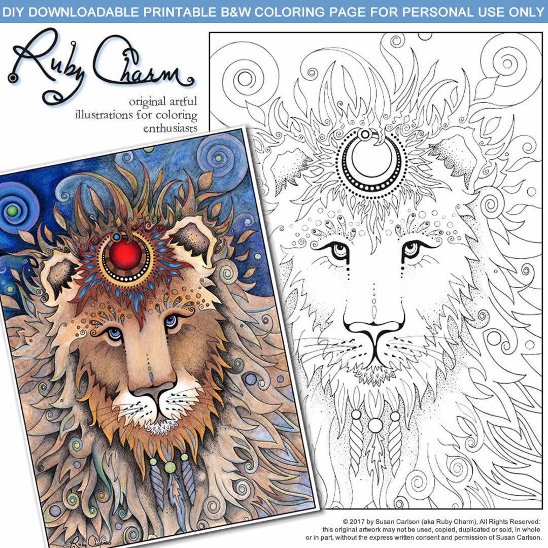 LION Downloadable Printable Adult Coloring PDF Page, Ruby Charm Colors ...