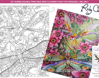 Insectimaginary, A Few More Streamers: Dragonflies downloadable PDF by Ruby Charm Colors to print and color, adult coloring page, dragonfly