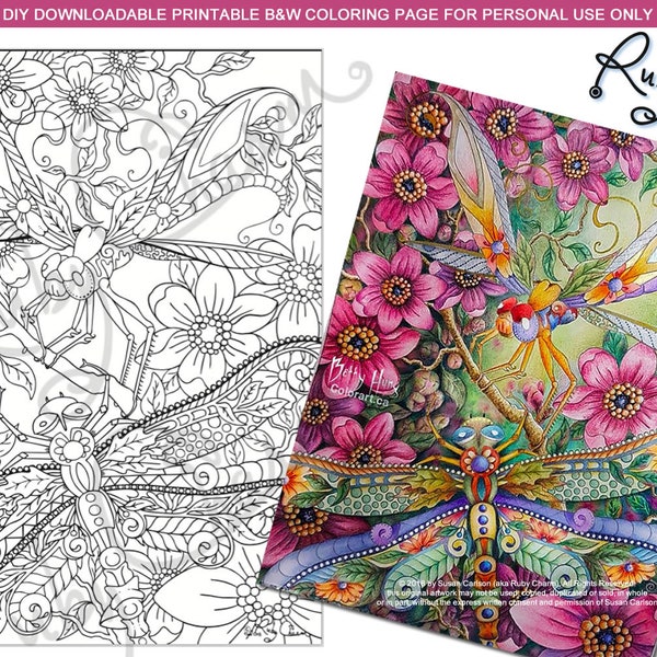 Insectimaginary, A Few More Streamers: Dragonflies downloadable PDF by Ruby Charm Colors to print and color, adult coloring page, dragonfly