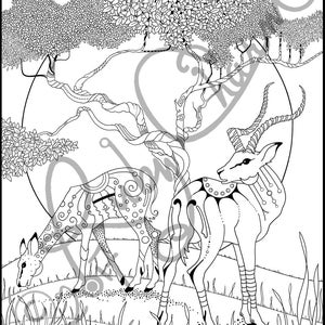 May include: A black and white line art illustration of two stylized antelopes standing in a grassy field under a tree. The antelopes have intricate patterns on their bodies.