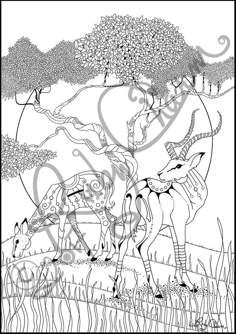 May include: A black and white line art illustration of two stylized antelopes standing in a grassy field under a tree. The antelopes have intricate patterns on their bodies.
