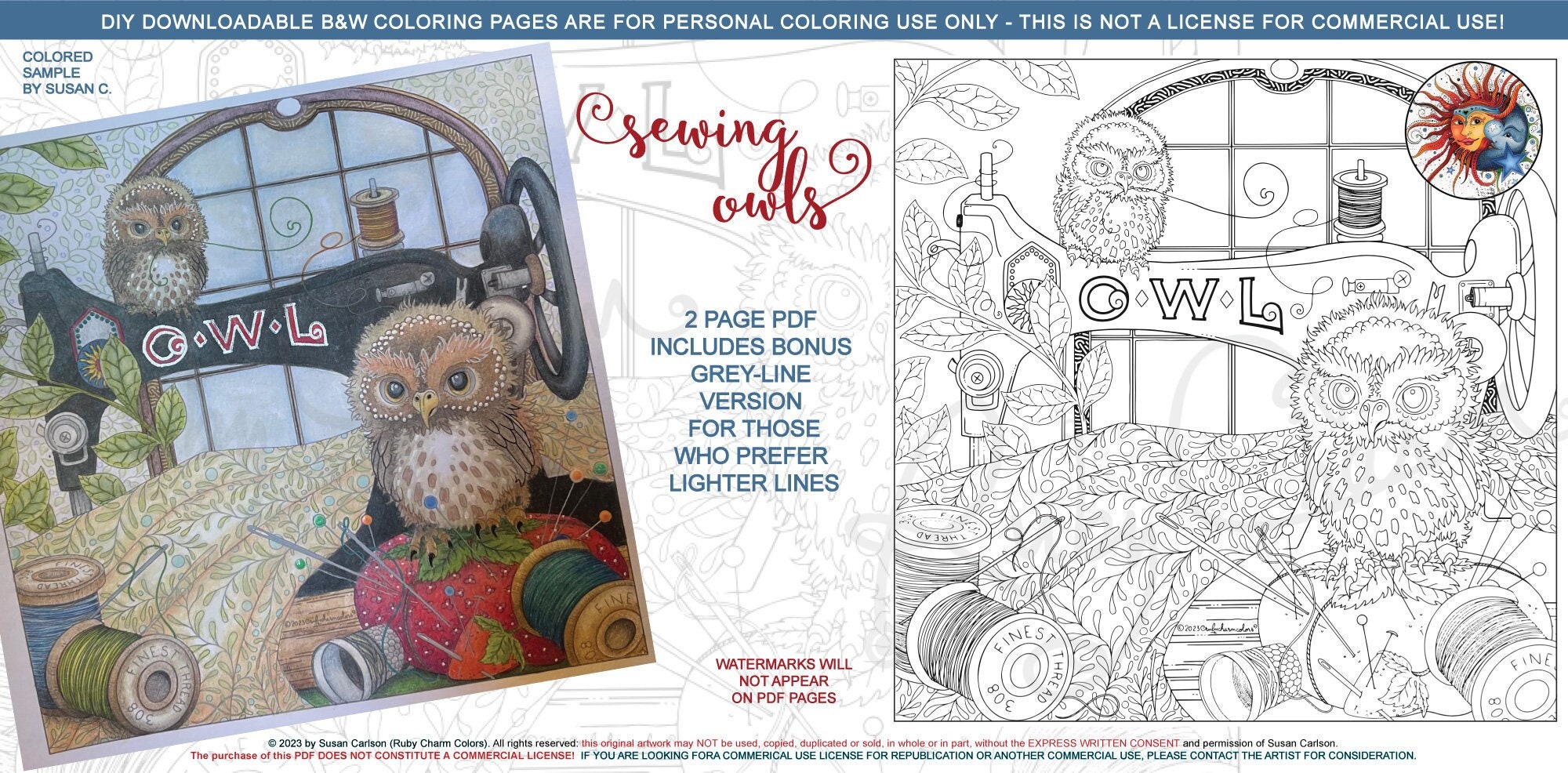 Sewing Owls: Downloadable, printable 2-page PDF for coloring, vintage sewing machine, pincushion, th