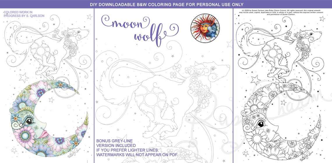 Moon Wolf: downloadable PDF coloring page print color adult | Etsy