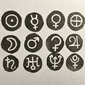 Mini Planetary Symbol Hand-Carved Rubber Stamps, Set of 12, Alchemy Elements Inverse image 7