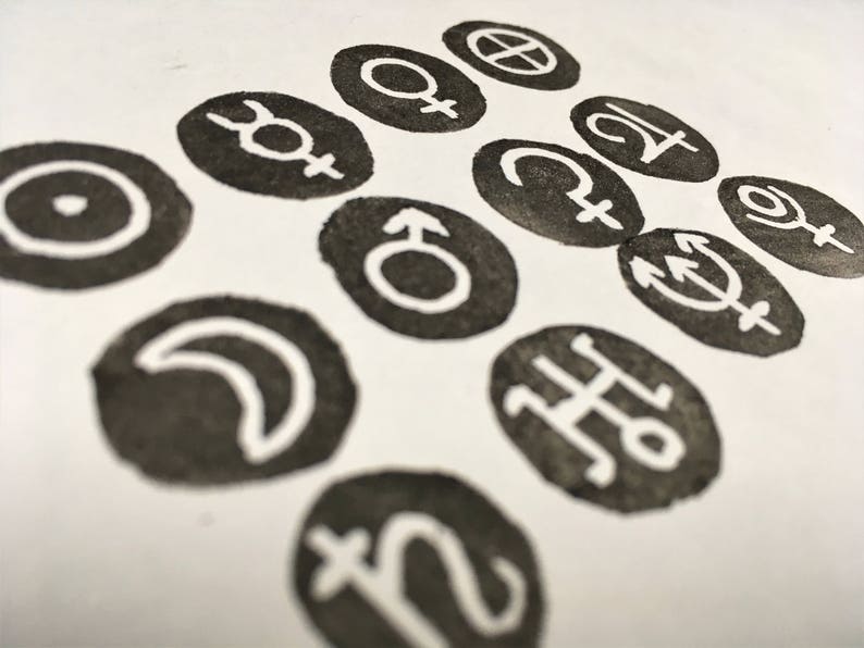 Mini Planetary Symbol Hand-Carved Rubber Stamps, Set of 12, Alchemy Elements Inverse image 2