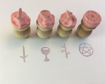 Tarot Suits Stamps, Set of four, cups wands swords pentacles, hand carved rubber stamps, divination occult witch Halloween art