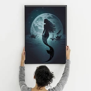 Printable Wall Art - Wall Decoration - Mermaid Poster - Mermaid in moon light - Mermaid with stars - Digital Download