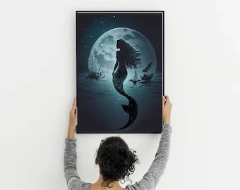 Printable Wall Art - Wall Decoration - Mermaid Poster - Mermaid in moon light - Mermaid with stars - Digital Download