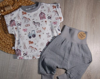 Set Musselinhose in Leinenoptik / OversizeShirt / Kind/ Baby/ Bauernhof