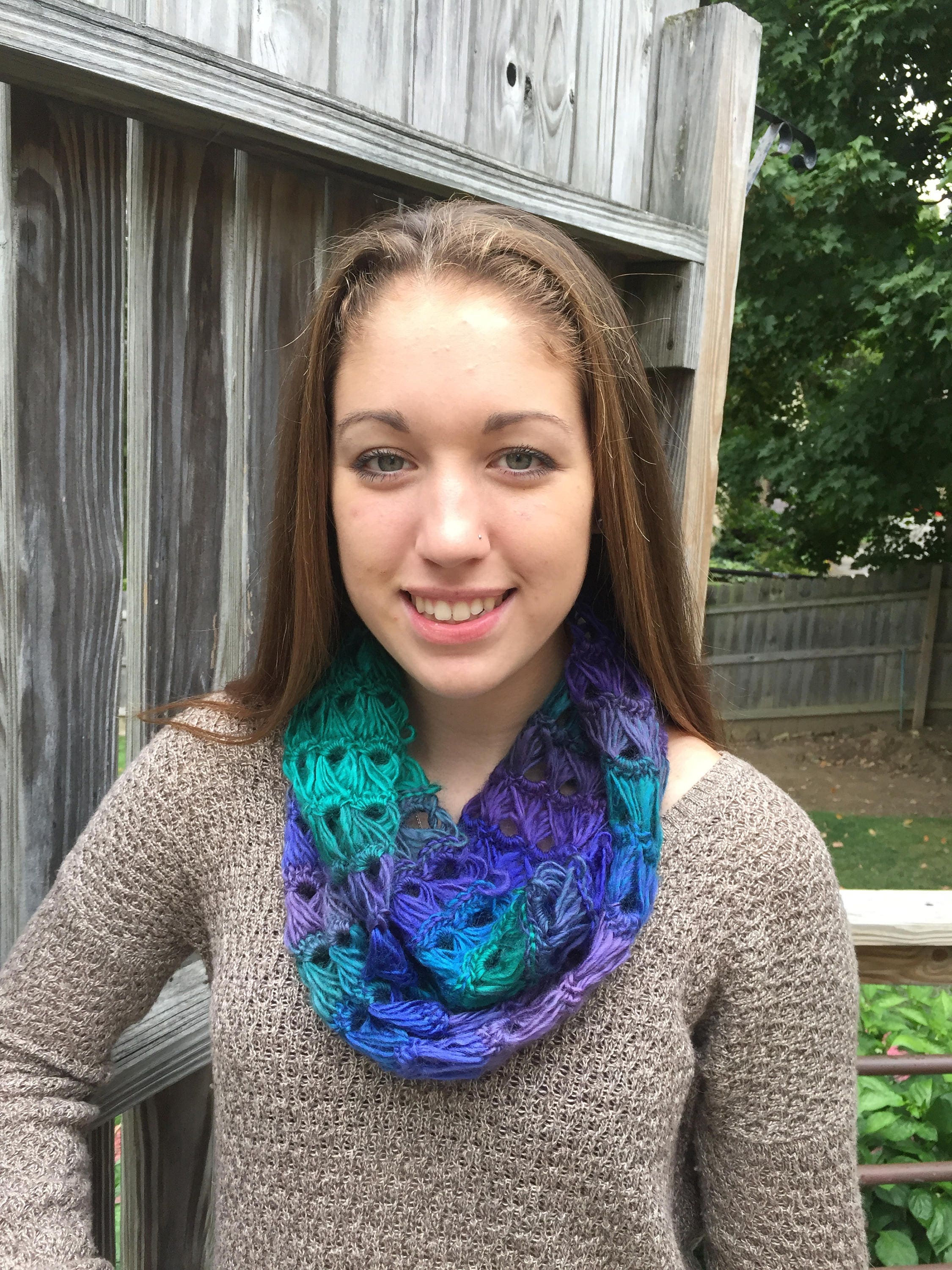 Crocheted Broomstick Lace Infinity Scarf, Accessory, Browns, Pinks or