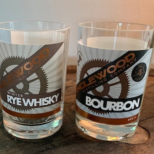 Minglewood Distilling Company Bourbon and Winter Rye Whisky pair of cut bottle drinking glasses.