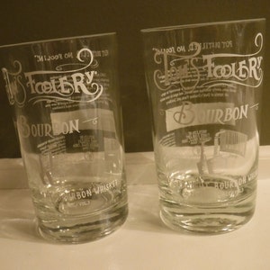 Tom's Foolery Bourbon Whiskey cut bottle drinking glasses, set of two