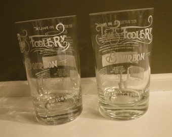 Tom's Foolery Bourbon Whiskey cut bottle drinking glasses, set of two