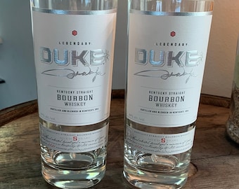 Duke Kentucky Straight Bourbon Whiskey cut bottle drinking glasses, set of two, 90 proof.