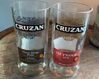 Cruzan Black Strap and 151 Proof Rum cut bottle drinking glasses, set of two, one of each