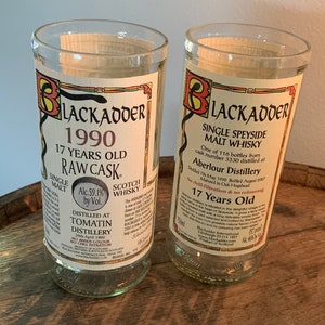Black Adder 1990 Raw Cask and Single Speyside Malt Whiskey cut bottle drinking glasses, set of two.