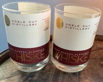 Noble Cut Distillery Dark Cherry Flavored Whiskey pair of cut bottle drinking glasses. Gahanna, Ohio